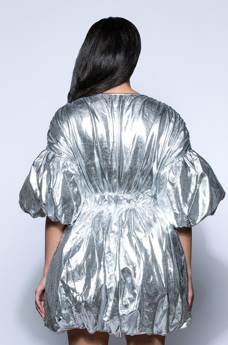 SUPERSTAR METALLIC V NECK MINI DRESS IN SILVER