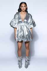SUPERSTAR METALLIC V NECK MINI DRESS IN SILVER