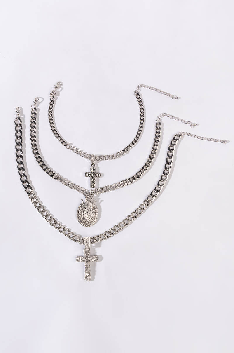HOLY WOMAN LAYERED RHINESTONE NECKLACE SET IN SILVER