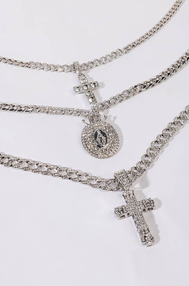 HOLY WOMAN LAYERED RHINESTONE NECKLACE SET IN SILVER