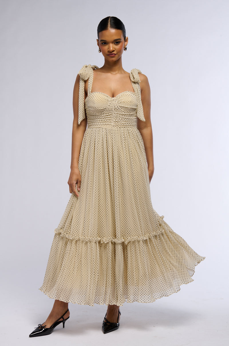 SWEETEST DREAM POLKA DOT TIE SHOULDER MIDI DRESS
