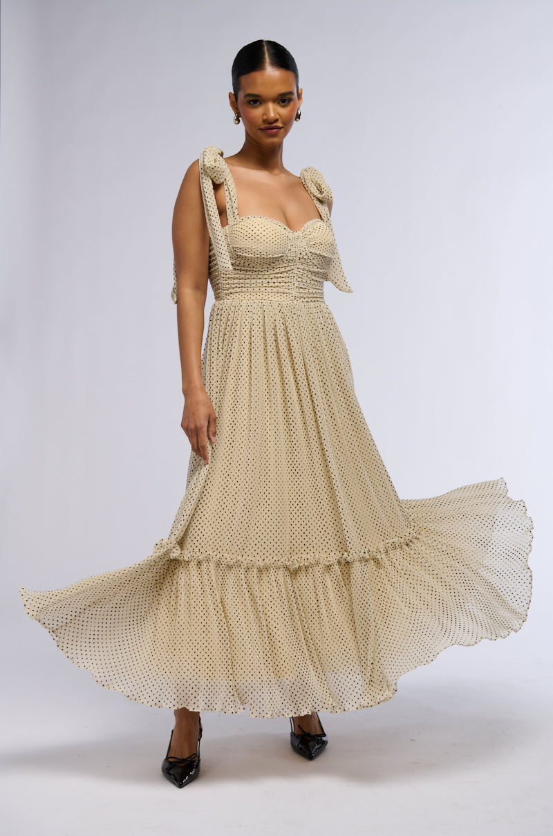 SWEETEST DREAM POLKA DOT TIE SHOULDER MIDI DRESS