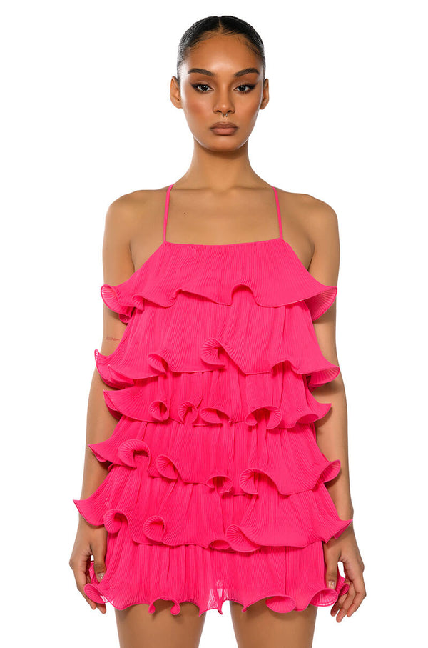 SWEETIE PLEATED RUFFLE SLEEVELESS MINI DRESS