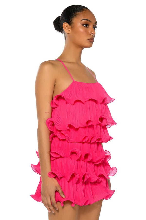 SWEETIE PLEATED RUFFLE SLEEVELESS MINI DRESS