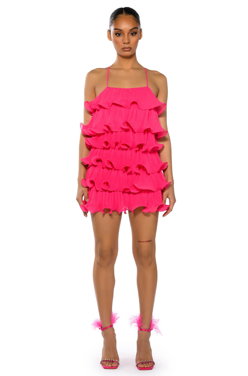 SWEETIE PLEATED RUFFLE SLEEVELESS MINI DRESS