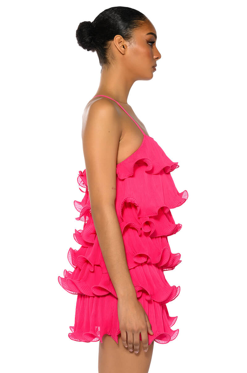 SWEETIE PLEATED RUFFLE SLEEVELESS MINI DRESS
