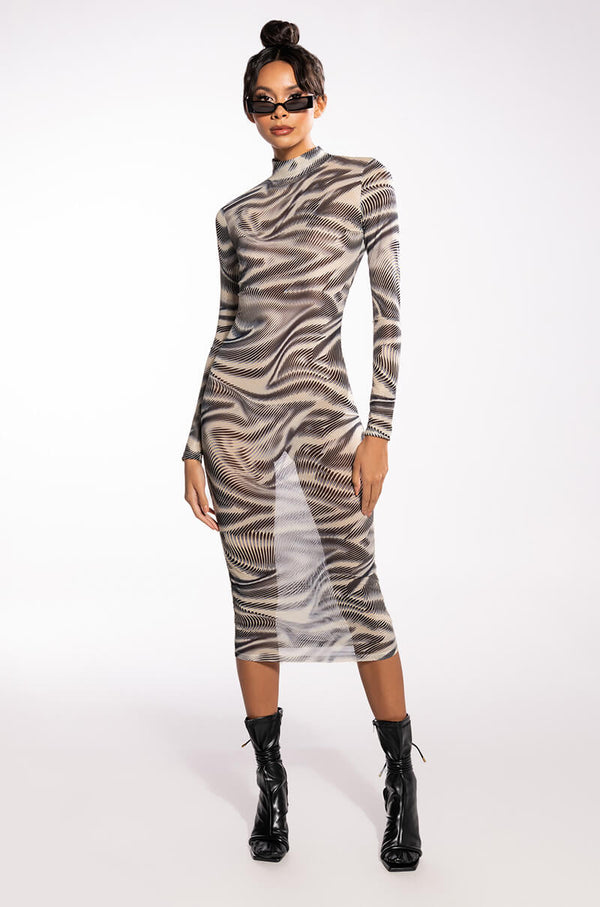 SWIRL PRINT MESH LONG SLEEVE MIDI DRESS
