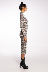 SWIRL PRINT MESH LONG SLEEVE MIDI DRESS