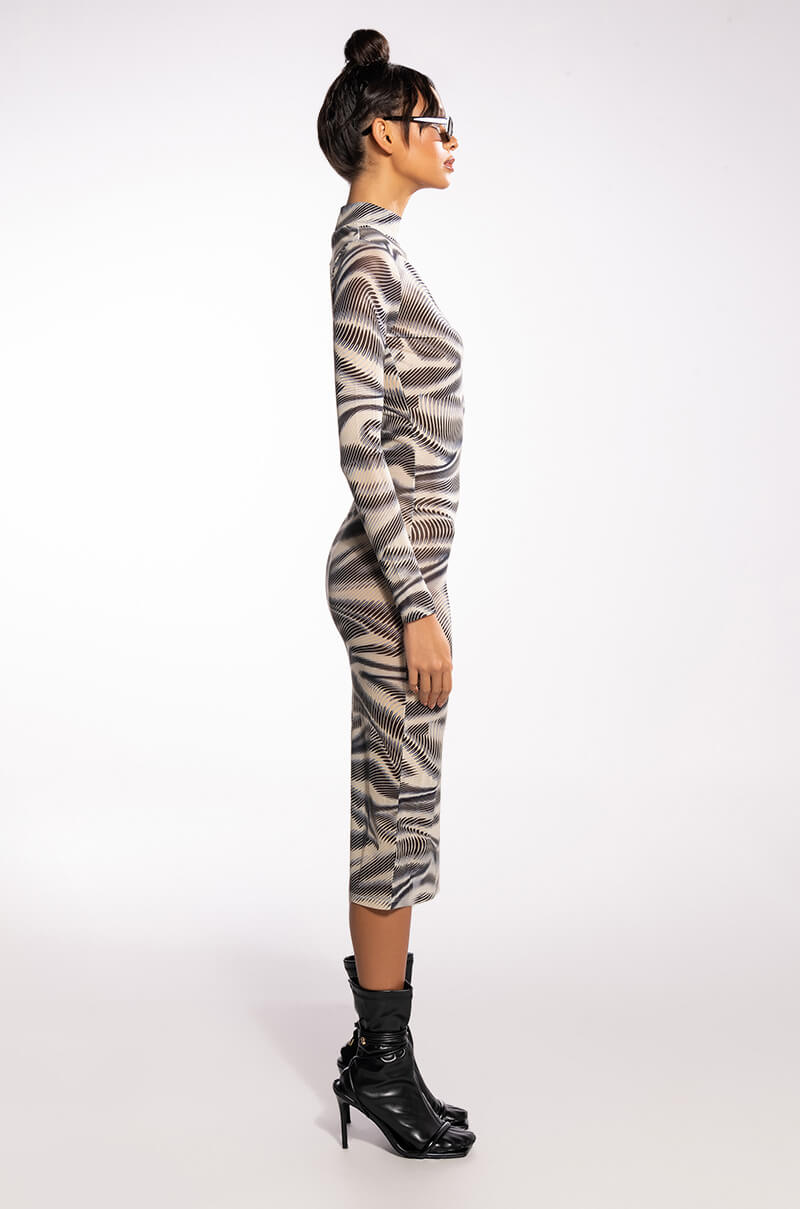 SWIRL PRINT MESH LONG SLEEVE MIDI DRESS