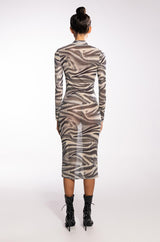 SWIRL PRINT MESH LONG SLEEVE MIDI DRESS