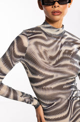 SWIRL PRINT MESH LONG SLEEVE MIDI DRESS