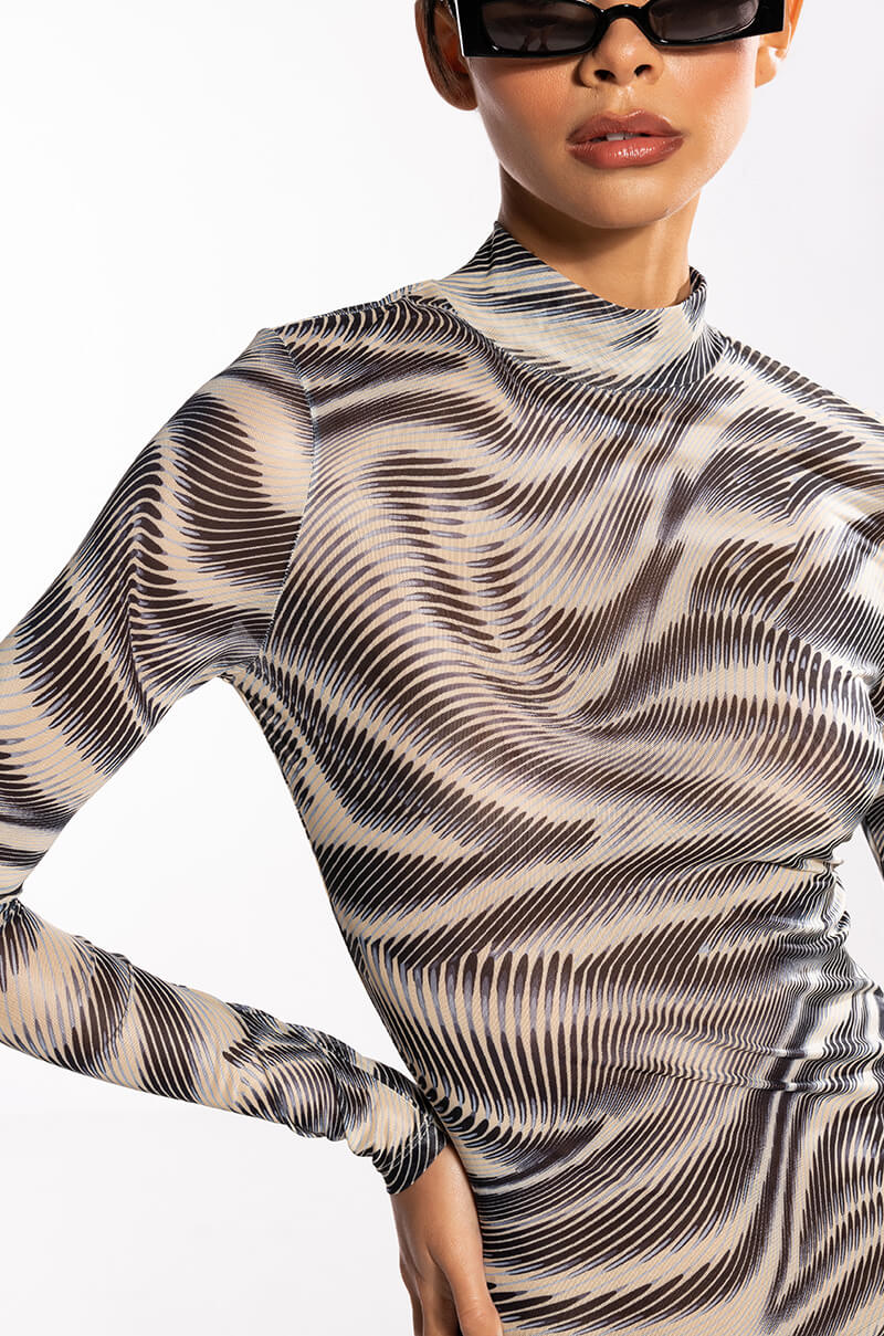 SWIRL PRINT MESH LONG SLEEVE MIDI DRESS