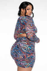 SWIRL PRINT MESH OPEN BACK MIDI DRESS