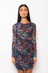 SWIRL PRINT MESH OPEN BACK MIDI DRESS