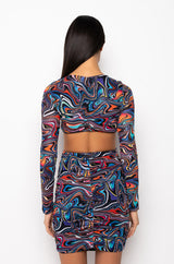 SWIRL PRINT MESH OPEN BACK MIDI DRESS