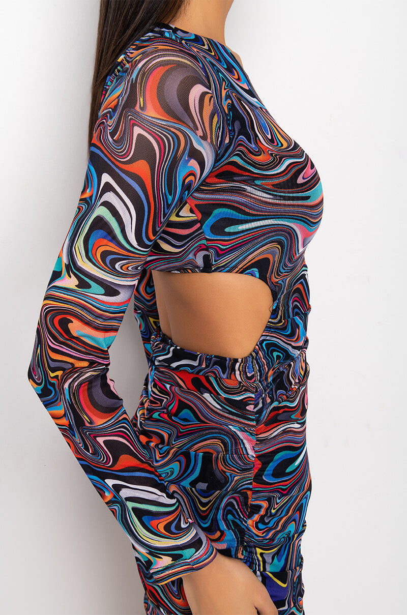 SWIRL PRINT MESH OPEN BACK MIDI DRESS