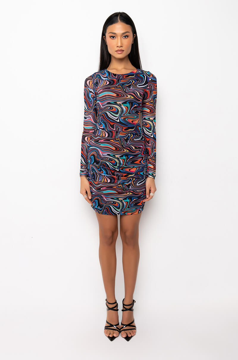 SWIRL PRINT MESH OPEN BACK MIDI DRESS