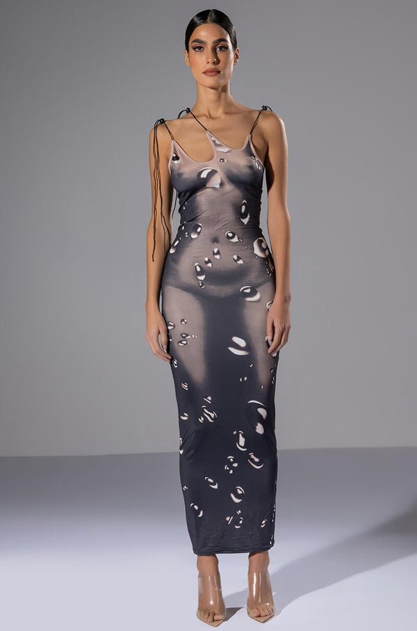 SYREN ASYMMETRICAL TIE NECK BODYCON MAXI DRESS