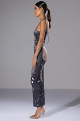 SYREN ASYMMETRICAL TIE NECK BODYCON MAXI DRESS
