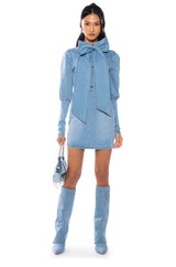 TAKE A BOW DENIM LONGSLEEVE MINIDRESS