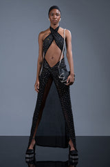 TALK ABOUT IT HIGH SLIT RHINESTONE MESH MAXI DRESS