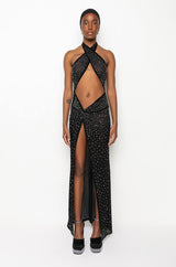 TALK ABOUT IT HIGH SLIT RHINESTONE MESH MAXI DRESS