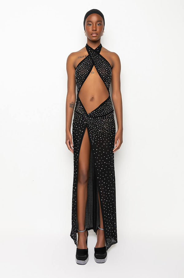 TALK ABOUT IT HIGH SLIT RHINESTONE MESH MAXI DRESS