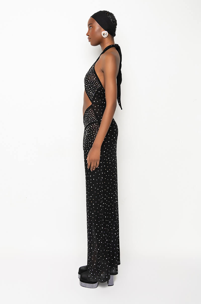 TALK ABOUT IT HIGH SLIT RHINESTONE MESH MAXI DRESS