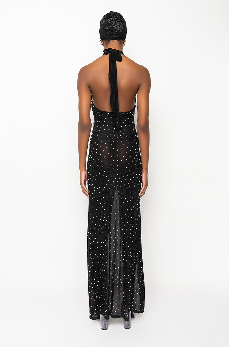 TALK ABOUT IT HIGH SLIT RHINESTONE MESH MAXI DRESS