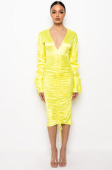 TALK ABOUT IT LOW V NECK RUCHED MIDI DRESS
