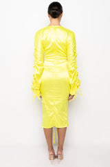 TALK ABOUT IT LOW V NECK RUCHED MIDI DRESS