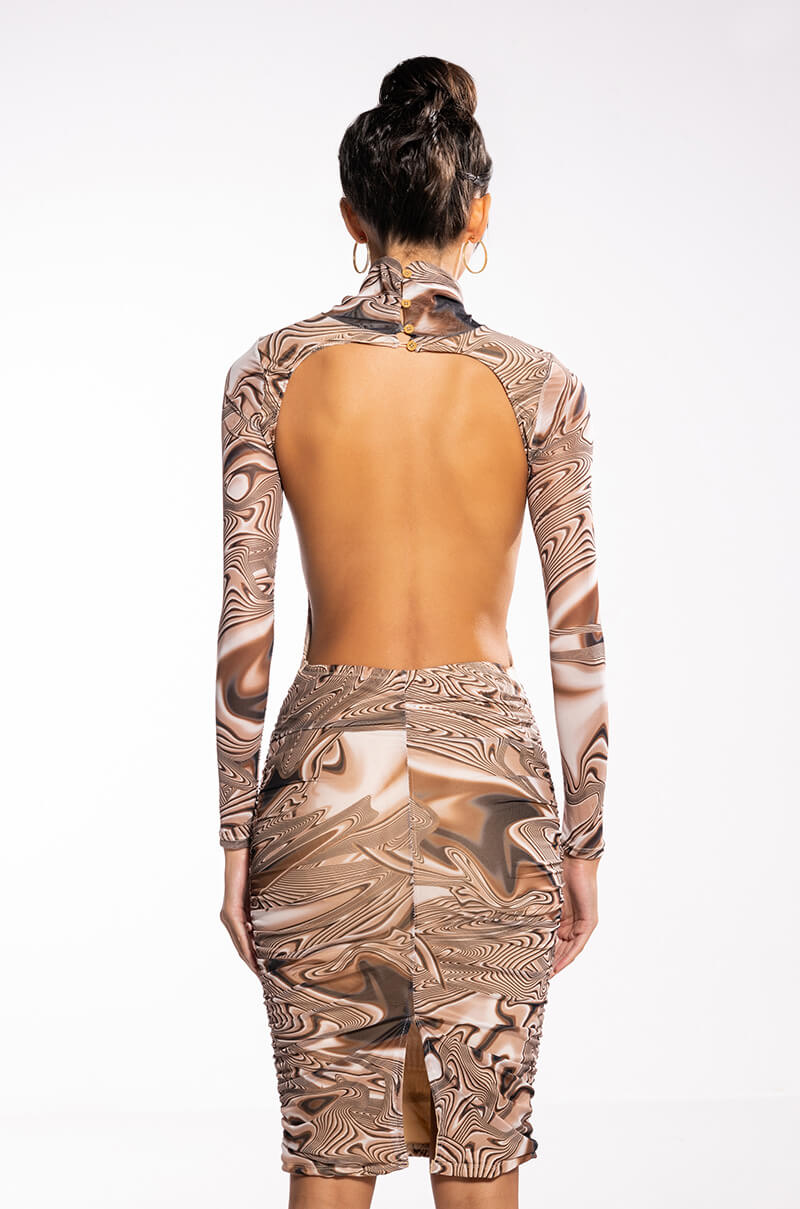 TALK ABOUT IT MIDI RUCHED MESH DRESS
