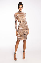 TALK ABOUT IT MIDI RUCHED MESH DRESS