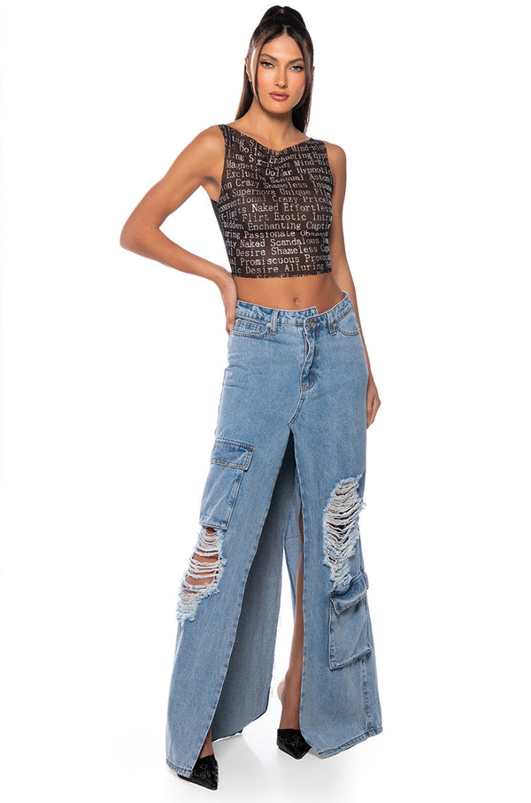 TALK IS CHEAP EMBELLISHED PRINT TANK TOP IN BLACK