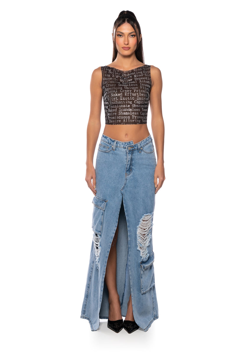 TALK IS CHEAP EMBELLISHED PRINT TANK TOP IN BLACK