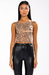 TALK IS CHEAP SLEEVELESS MESH BOAT NECK TOP
