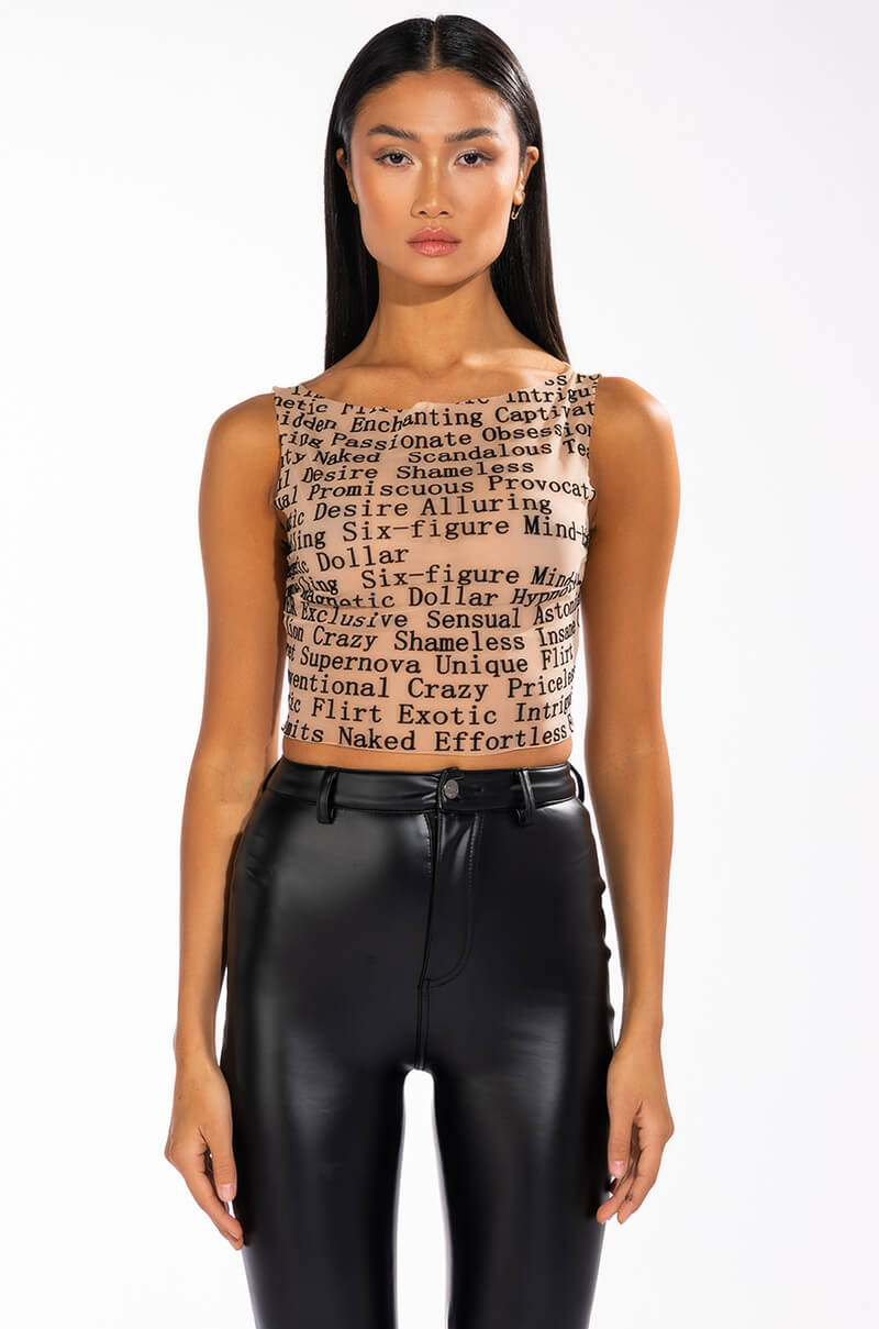 TALK IS CHEAP SLEEVELESS MESH BOAT NECK TOP
