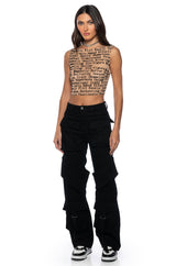 TALK IS CHEAP SLEEVELESS MESH BOAT NECK TOP