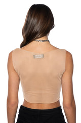 TALK IS CHEAP SLEEVELESS MESH BOAT NECK TOP