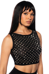 TALK IS CHEAP STUDDED MESH BOAT NECK TOP