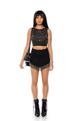 TALK IS CHEAP STUDDED MESH BOAT NECK TOP