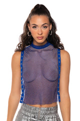 TEARS IN THE CLUB OPEN SIDES MOCK NECK RHINESTONE MESH BLOUSE