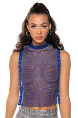 TEARS IN THE CLUB OPEN SIDES MOCK NECK RHINESTONE MESH BLOUSE