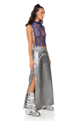 TEARS IN THE CLUB OPEN SIDES MOCK NECK RHINESTONE MESH BLOUSE
