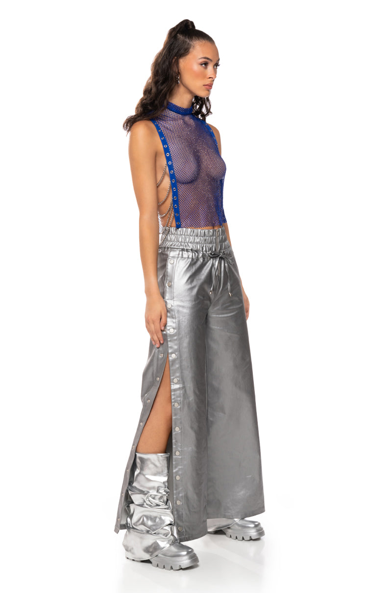 TEARS IN THE CLUB OPEN SIDES MOCK NECK RHINESTONE MESH BLOUSE