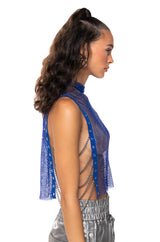 TEARS IN THE CLUB OPEN SIDES MOCK NECK RHINESTONE MESH BLOUSE