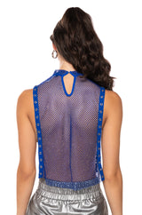 TEARS IN THE CLUB OPEN SIDES MOCK NECK RHINESTONE MESH BLOUSE