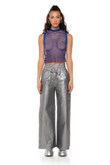 TEARS IN THE CLUB OPEN SIDES MOCK NECK RHINESTONE MESH BLOUSE