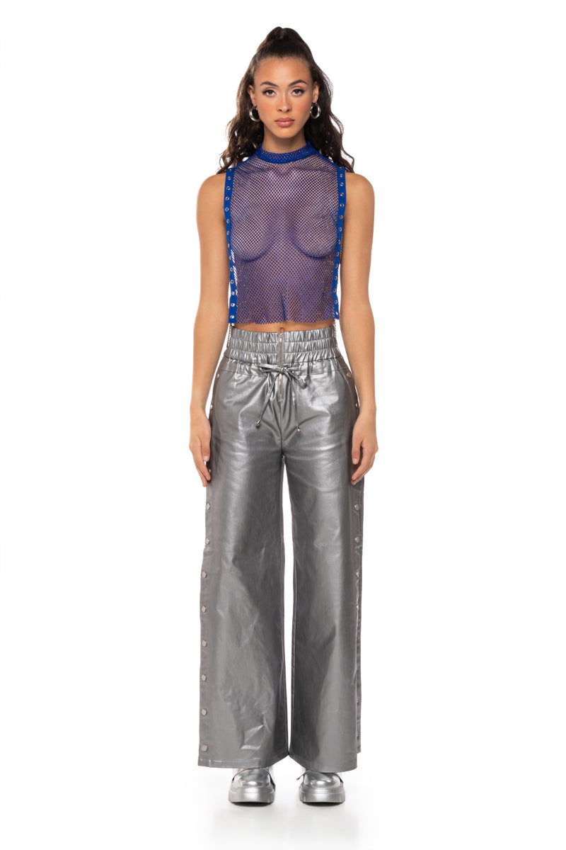 TEARS IN THE CLUB OPEN SIDES MOCK NECK RHINESTONE MESH BLOUSE