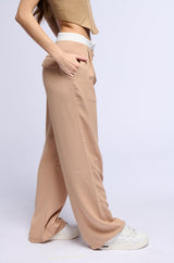 THAT GIRL CONTRAST WAIST TROUSER IN TAUPE